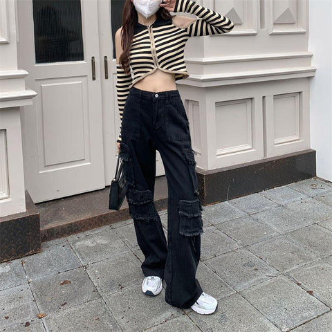 Women Streetwear Cargo High Waist Loose Straight Pants-WF00397-Veeddydropshipping