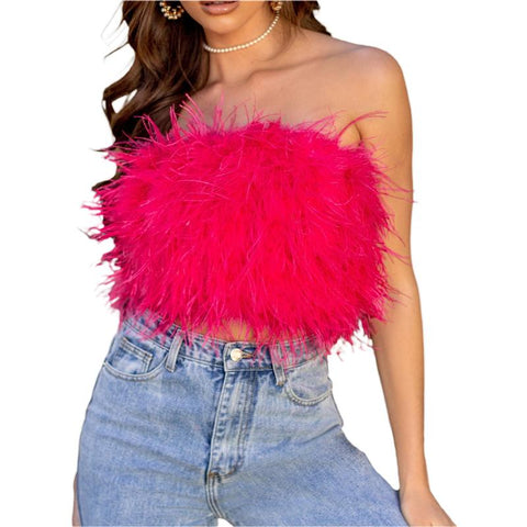 Women Solid Color Furry Feather Strapless T-Shirt Off Shoulder-WF00315-Veeddydropshipping