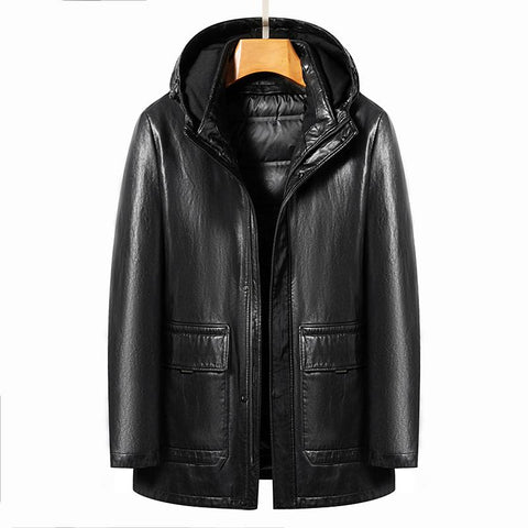 Grade Men&#39;s Hooded Natural Leather Down Jacket Medium-MF01262-Veeddydropshipping