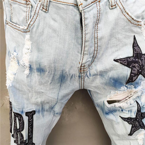 Men Embroidery Patchwork Ripped Jeans For Men-MF00650-Veeddydropshipping