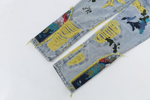 Mens Hole Embroidery Baggy Casual Denim Trousers Unisex-MF00585-Veeddydropshipping