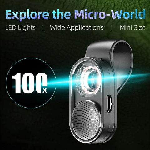 100X Mobile Phone Microscope Lens LED Light Pocket Mini Magnifying Glass Microscopes With-PA00656-Veeddydropshipping