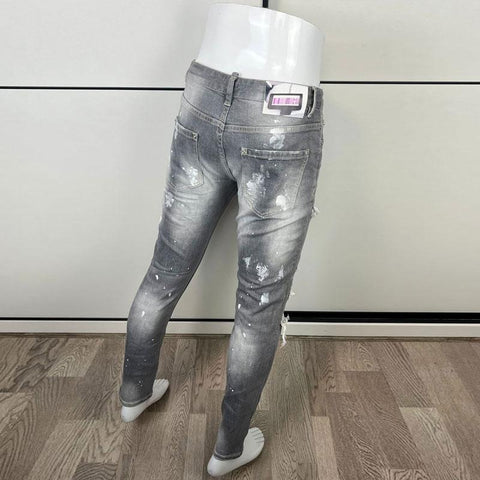 Gray Elastic Slim Fit Hole Ripped Jeans Men Stretch Trousers-MF00574-Veeddydropshipping