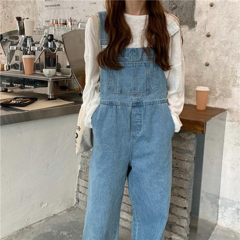 Large Loose Pockets Student Denim Suspender Pants-WF00367-Veeddydropshipping