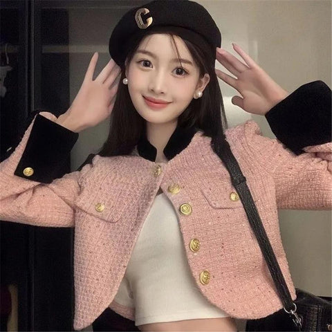 Pink Korean Spliced Crop Tweed Jacket Women-Veeddydropshipping