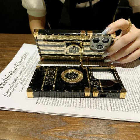 For iPhone 14 13 12 11 8 XS Glitter Bling Gold Flower Square Case Ring Kickstand-PA00170-Veeddydropshipping