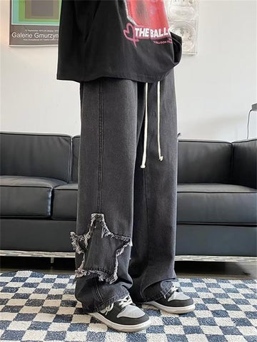 Jeans Men Retro Washed Patch Loose Wide Leg Pants-MF00612-Veeddydropshipping