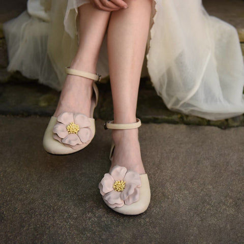 Flower Beach Shoes Closed Toe Handmade Genuine Leather-BS00860-Veeddydropshipping