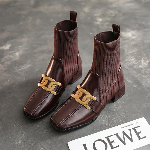 Square Toe Low Heel Ladies Ankle Boots Solid Color Sewing-BS00933-Veeddydropshipping