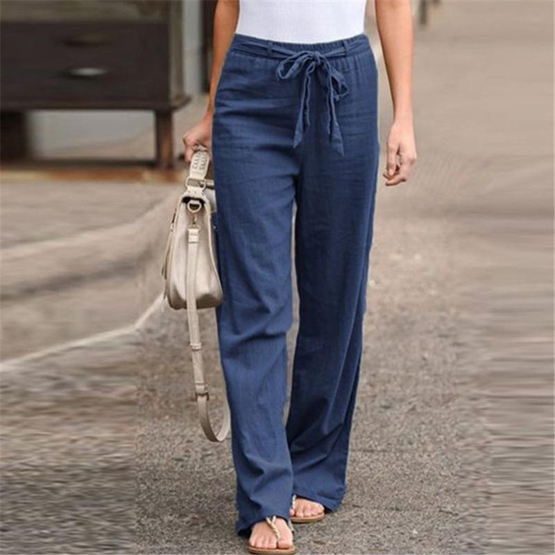 Women Linen Cotton Solid Pants Wide Legs Elastic Waist-WF00403-Veeddydropshipping