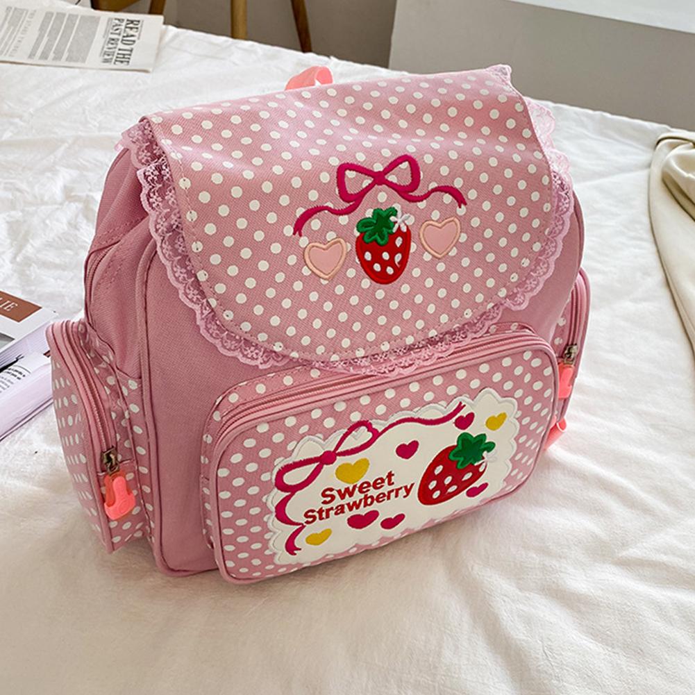 Cute Strawberry Embroidery Student Mochila Dots Multi-Pocket Nylon Fashion-BS00009-Veeddydropshipping