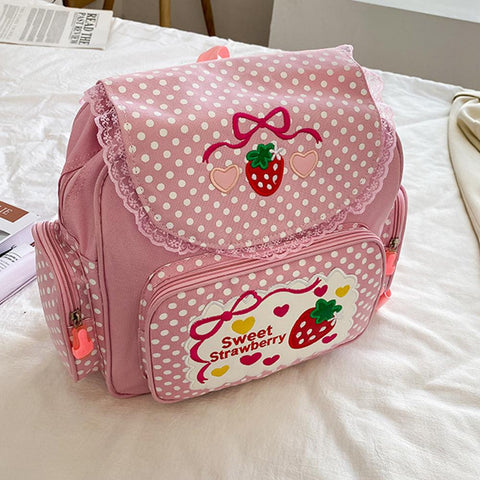 Cute Strawberry Embroidery Student Mochila Dots Multi-Pocket Nylon Fashion-BS00009-Veeddydropshipping