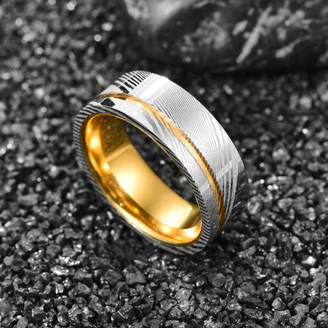 Damascus steel Ring Steel Black Damascus Gold Line Two-tone -JW00320-Veeddydropshipping