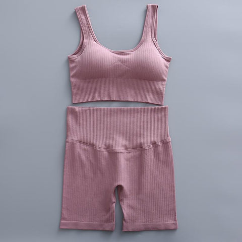 2 Piece Yoga Set Gym Clothing Women&#39;s Threaded Tracksuit Crop Top Bra High -OS00630-Veeddydropshipping