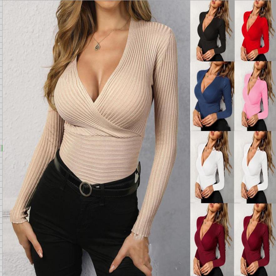Women Slim Striped Pullover Sexy Solid Deep V-Neck T-shirt-WF00265-Veeddydropshipping