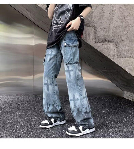 cross print washed jeans men ins trend retro loose-MF00575-Veeddydropshipping