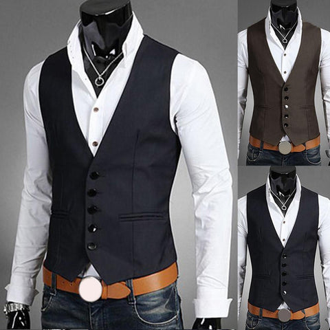 color V-neck button pocket sleeveless vest formal-MF01315-Veeddydropshipping