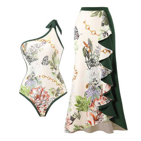 Fashion Printed High Waist Bikini Ruffled Shoulder Strap Hollow Swimsuit -OS00044-Veeddydropshipping
