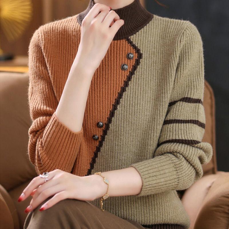 Asymmetrical Striped Button Knitted Splicing Sweaters-WF00098-Veeddydropshipping