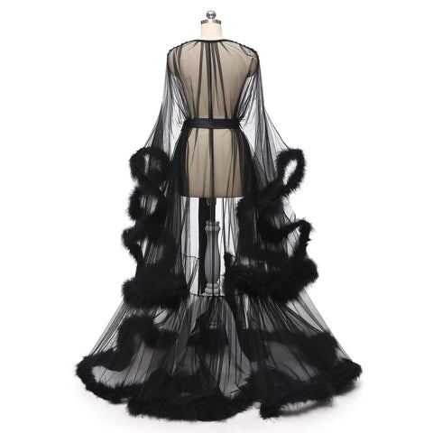 Long Sleeve Feather Tulle Party Evening Dresses-WF01595-Veeddydropshipping