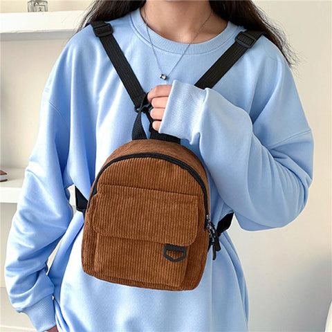 Solid Color Corduroy Small Backpacks Simple Casual Student Bookbags-BS00063-Veeddydropshipping
