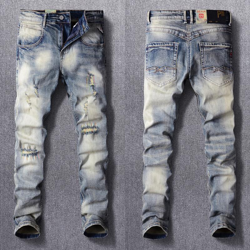 Yellow Blue Elastic Destroyed Slim Ripped Jeans-MF00622-Veeddydropshipping