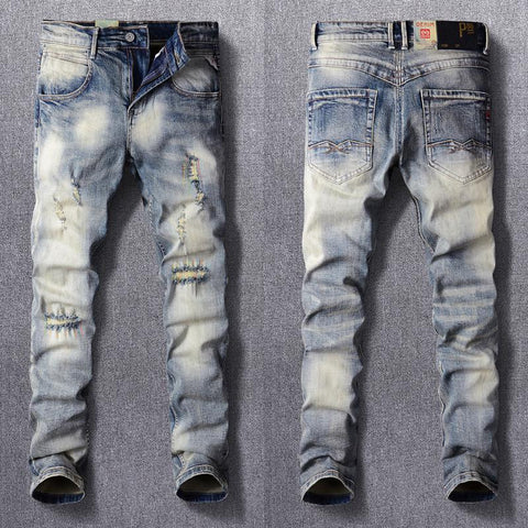 Yellow Blue Elastic Destroyed Slim Ripped Jeans-MF00622-Veeddydropshipping