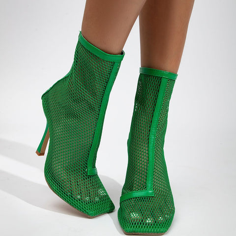 High Heel Boots Fashion Square Head Mesh Zipper-BS00903-Veeddydropshipping