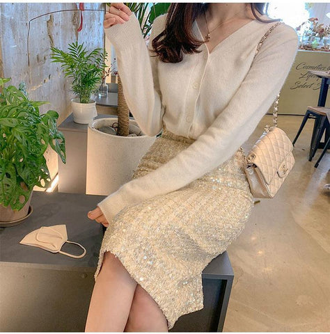 Tweed Skirt Office Lady Mid-length High Waist Skirt-WF00357-Veeddydropshipping