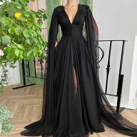 Long Cape Prom Dresses Plunging V Neck-Veeddydropshipping