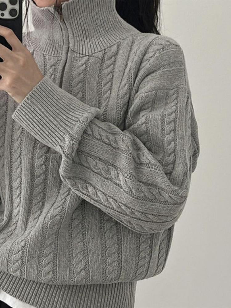 New Solid Color Sweater Long Sleeve Zipper Lady Knitwear-Veeddydropshipping