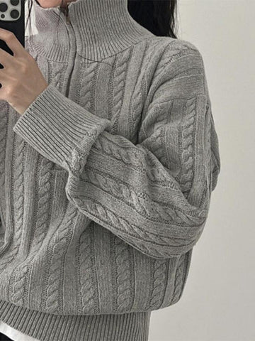 New Solid Color Sweater Long Sleeve Zipper Lady Knitwear-Veeddydropshipping