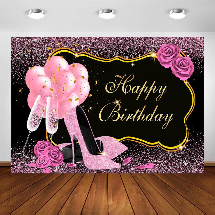 Sweet Pink Rose Birthday Backdrop Shiny Glitter High Heels Champagne Adults Women -CE00293-Veeddydropshipping