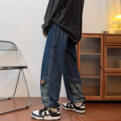 Streetwear Paneled Jeans Man Plaid Baggy Straight-MF00517-Veeddydropshipping
