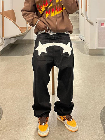 Street Star Print Dark Black Jeans Y2K Retro Design Casual Low-MF00459-Veeddydropshipping
