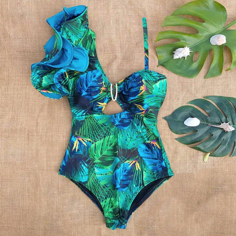 Sexy One Shoulder Ruffle One Piece Swimsuit Print Floral Swimwear Women -OS00080-Veeddydropshipping