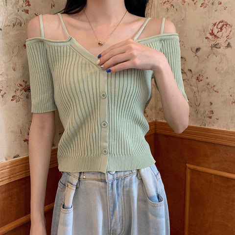 Summer Off Shoulder V Neck Kintted Woman T-shirts-Veeddydropshipping