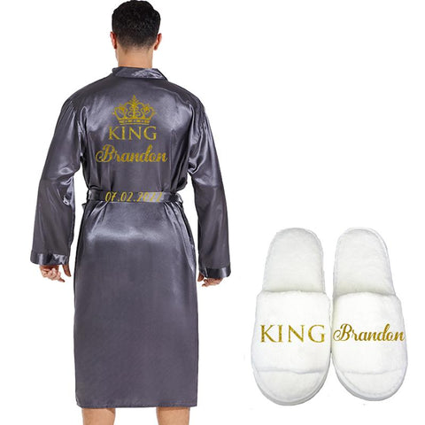 Silk Soft Home Bathrobe Nightgown For Men Kimono Customized Name Date-MF01588-Veeddydropshipping