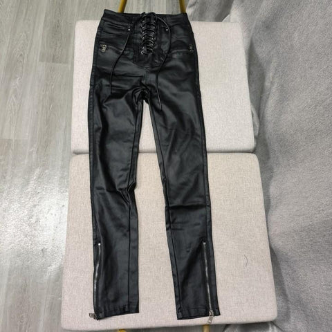 Pu Leather Pants Lace Up Zipper High Waist Streetwear-WF00561-Veeddydropshipping