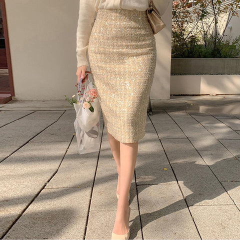 Tweed Skirt Office Lady Mid-length High Waist Skirt-WF00357-Veeddydropshipping