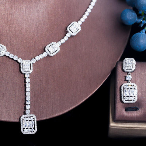 Geometric Square  Shiny Cubic Zirconia Crystal Fashion Jewelry Set  -JW00356-Veeddydropshipping