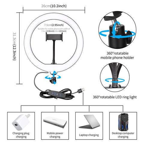10inch LED Ring Light Cellphone Holder 10 Adjustable Brightness 3-Colored Circle-PA00815-Veeddydropshipping