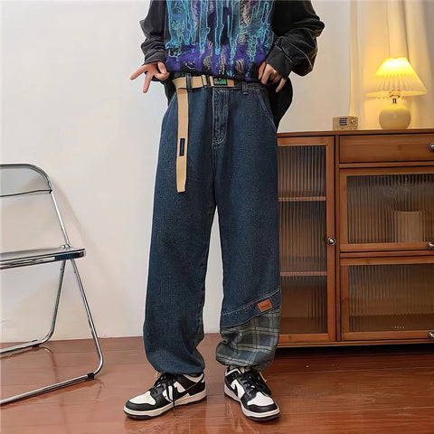 Streetwear Paneled Jeans Man Plaid Baggy Straight-MF00517-Veeddydropshipping