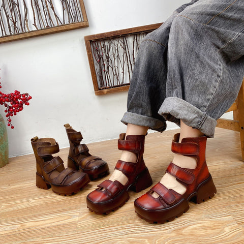 Leather Women Shoes Square Toe Hollow Out Platform Boots-BS01020-Veeddydropshipping