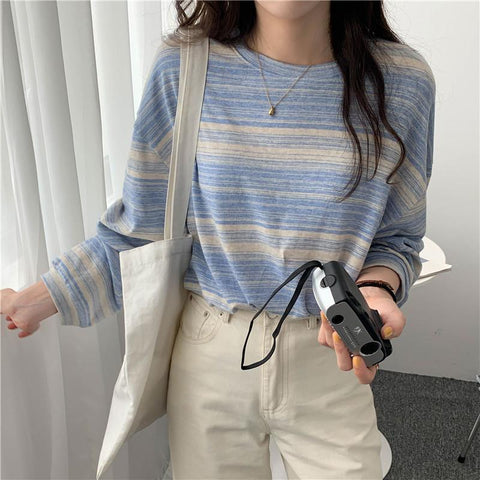 Women Striped Long Sleeve T-Shirt Korean Style Oversized-WF00248-Veeddydropshipping