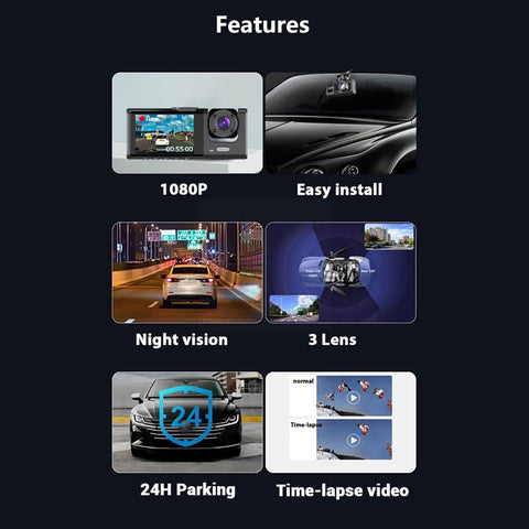 3 Camera Dash Cam 1080P Front And Inside 2 Inch Screen Rear CAR Black-AM00699-Veeddydropshipping