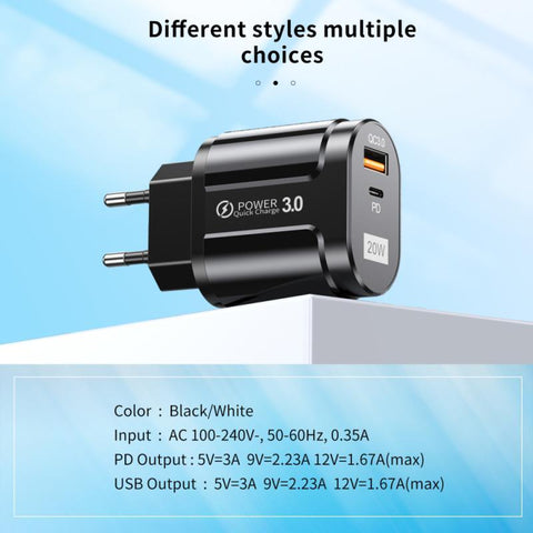 USB Fast Charger 20W PD Fast Charging QC3.0 Mobile Phone Charger-PA00028-Veeddydropshipping