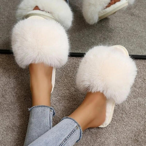 Winter Simple Word Fur Flats Soft Home Women Slippers Faux Fur-BS01121-Veeddydropshipping