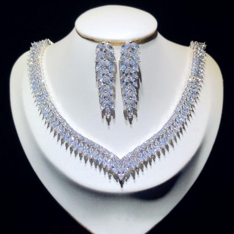 Sterling S925 Zirconia Leaves Bridal Drop Earrings Necklaces  -JW00225-Veeddydropshipping