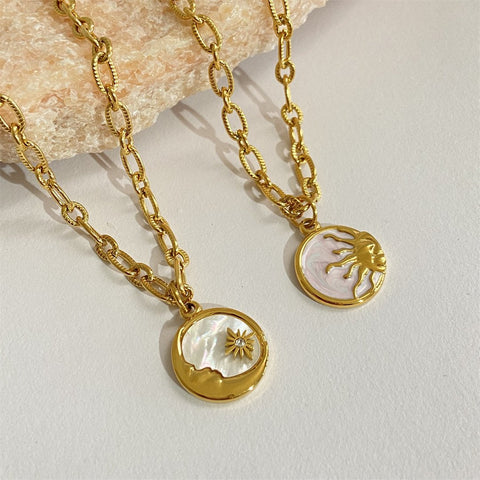 Sun and Moon Pendants Necklace White  Stainless Steel Chain -JW01254-Veeddydropshipping